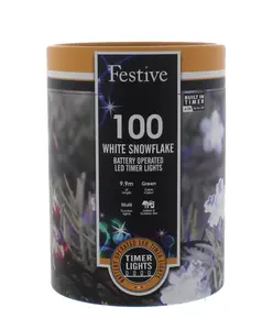 100 Battery Operated Timer Snowflake Lights - White - image 1