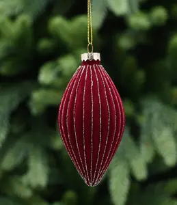 13cm Burgundy Flock Glass Teardrop - Gold Glitter