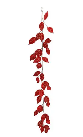 182cm Red Velvet Leaf Garland with Gold Trim
