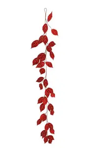 182cm Red Velvet Leaf Garland with Gold Trim