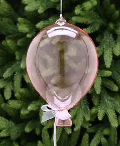 21cm translucent pink glass balloon - white ribbon