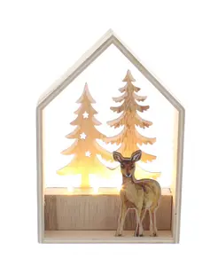 ** 22cm bo lit wooden reindeer in cut out house