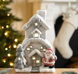 24cm Battery Operated Lit Grey / White House with Red Santa