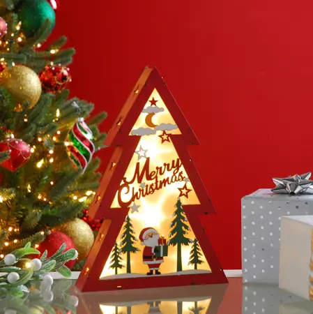 29cm Battery Operated Lit Wooden Red/Green Tree with Santa Scene