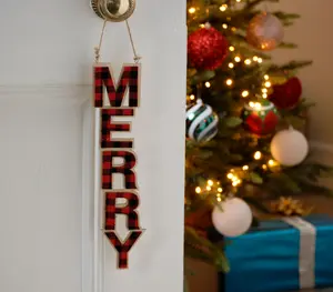 30cm 2 asstd tartan 'merry' hanging decorations - image 2