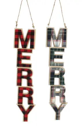 30cm 2 asstd tartan 'merry' hanging decorations - image 1