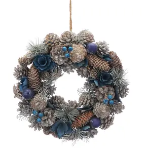 30cm Blue Flower & Frosted Pinecone Christmas Wreath