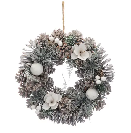 30cm cream petals/white balls frosted wreath