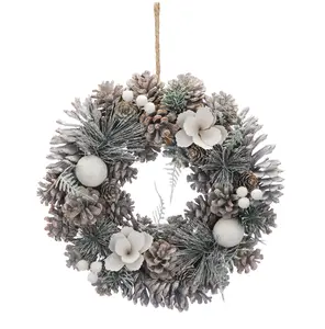 30cm cream petals/white balls frosted wreath