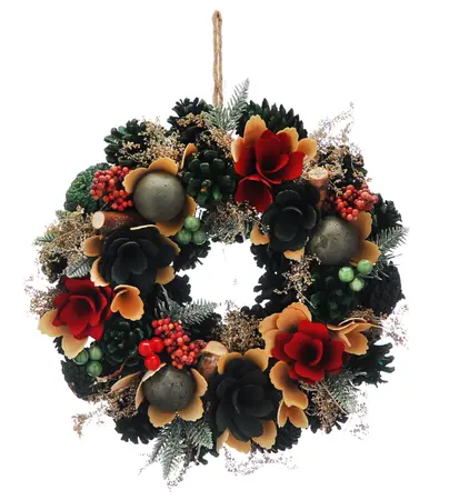 30cm Red/Cream/Green Petals/Balls Frosted Wreath