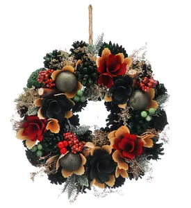 30cm Red/Cream/Green Petals/Balls Frosted Wreath