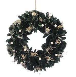 34cm Green Cones/White Berries Winter Wreath