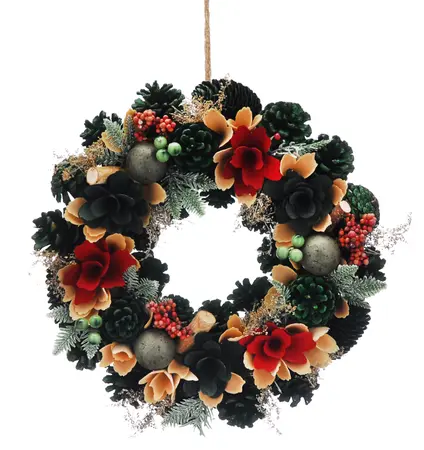 34cm Red/Cream/Green Petals/Balls Frosted Wreath