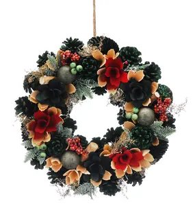 34cm Red/Cream/Green Petals/Balls Frosted Wreath