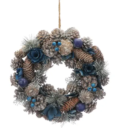 36cm Blue & Frosted Pine Cone Christmas Wreath