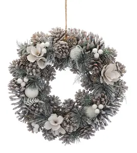 36cm Cream Petals/White Balls Frosted Wreath
