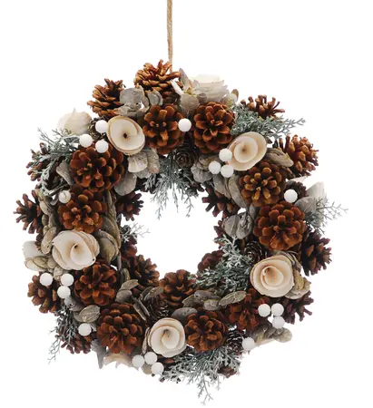 36cm Frosted Pine Cone & Cream Petal Christmas Wreath