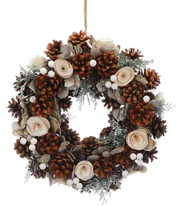 36cm Frosted Pine Cone & Cream Petal Christmas Wreath