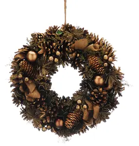 36cm Gold Pine Cone, Berry & Hessian Christmas Wreath