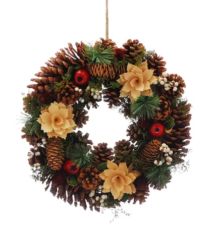 36cm Pine Cone, Cream Petal & Apple Christmas Wreath