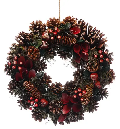 36cm Pine Cone, Red Petal & Berry Christmas Wreath