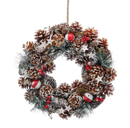 36cm snowy pinecones-red/white bell wreath in box