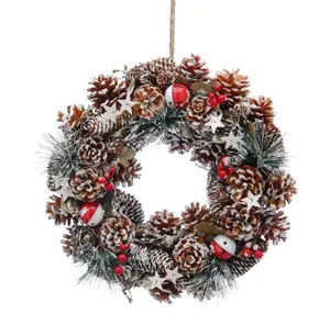 36cm snowy pinecones-red/white bell wreath in box