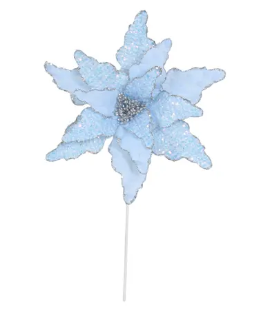 40cm Ice Blue Poinsettia Stem-Silver Sequin Edging