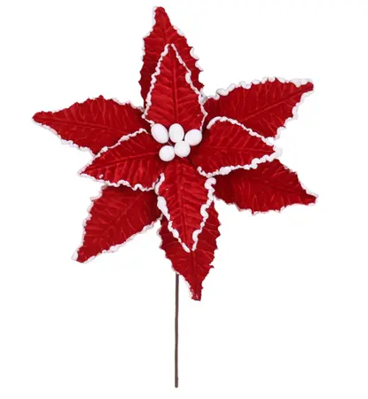 40cm Red Poinsettia Stem with White Edging