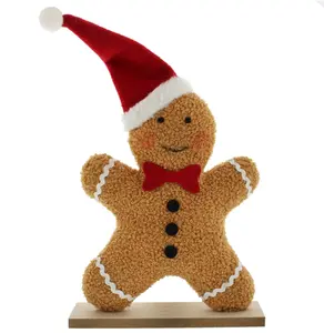 44cm Fabric Gingerbread Teddy on Base in Santa Hat