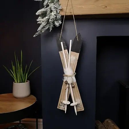55cm White Wooden Skis - White Fur / Silver Bells - image 3