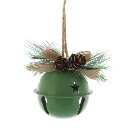 7cm metal green bell with pinecones and foliage