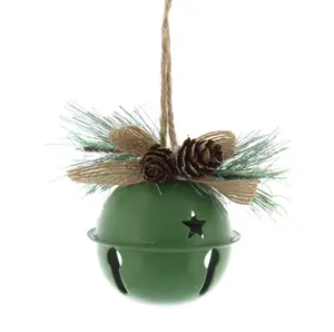 7cm metal green bell with pinecones and foliage