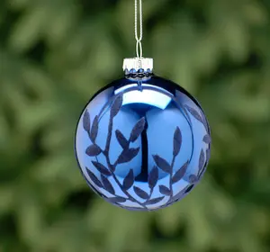 8cm Navy - Dark Navy Flocked Leaf Glass Ball
