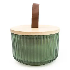 9Cm Ridged Glass Candle With Wooden Lid - image 1