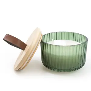 9Cm Ridged Glass Candle With Wooden Lid - image 2