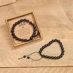 Black Onyx Gemstone Adjustable Dad Mens Bead Bracelet With Kraft Box