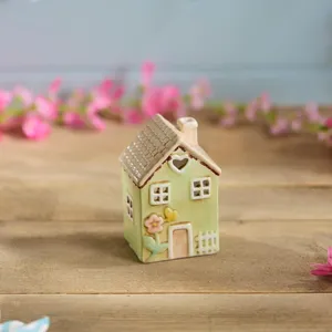 Ceramic Green House Small With Embossed Flower Painted Tea Light Holder - image 3