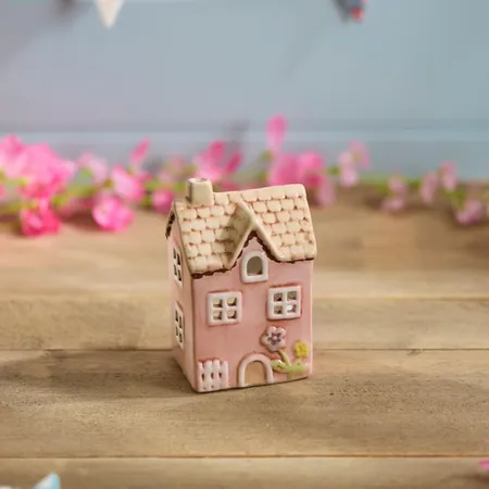 Ceramic Pink House Small With Embossed Flower Painted Tea Light Holder - image 1