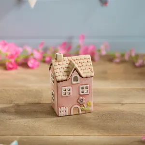 Ceramic Pink House Small With Embossed Flower Painted Tea Light Holder - image 1