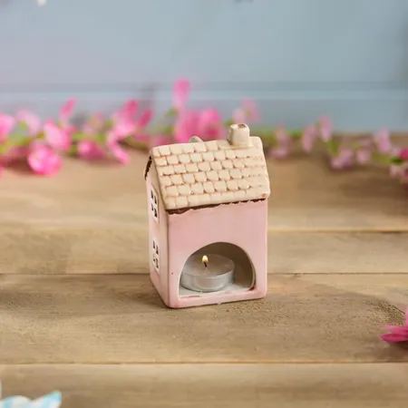 Ceramic Pink House Small With Embossed Flower Painted Tea Light Holder - image 2