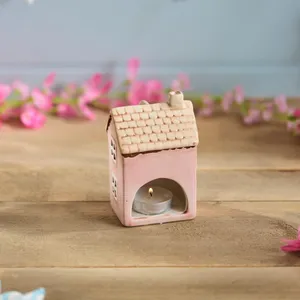 Ceramic Pink House Small With Embossed Flower Painted Tea Light Holder - image 2