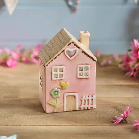 Ceramic Pink House With Embossed Flower Painted Tea Light Holder - image 2