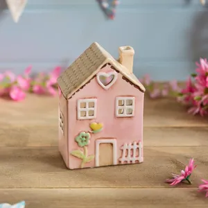 Ceramic Pink House With Embossed Flower Painted Tea Light Holder - image 2