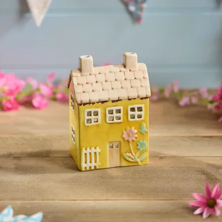 Ceramic Yellow House With Embossed Flower Painted Tea Light Holder - image 1