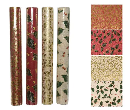 Deco fabric polyester rectangular gold foil leaft-cherry berry 4ass