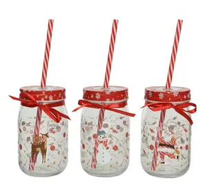 Drinking Jar Glass with Tinplate Lid Snowflake Print, Red Satin Ribbon Assortement x 3