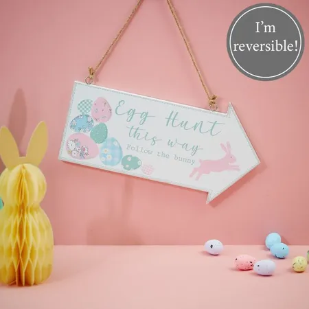 Egg Hunt Arrow Sign Wooden Double Sided With Pink Bunny - image 1
