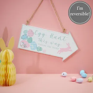 Egg Hunt Arrow Sign Wooden Double Sided With Pink Bunny
