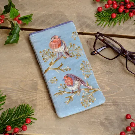 Festive Robin Velvet Glasses Case With Embroidery And Beads